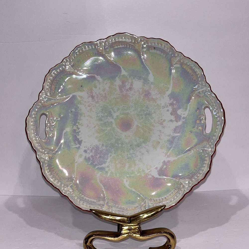 VTG 1920s‎ Pearlescent Leuchtenberg Handled Cake Plate Made in Germany Scalloped
